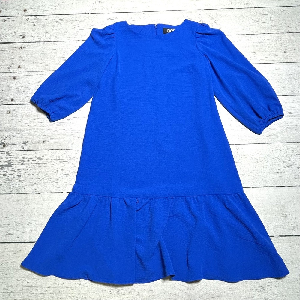DKNY Royal Blue Drop Waist Ruffle Hem Puff Sleeve Shift Dress Womens 4
